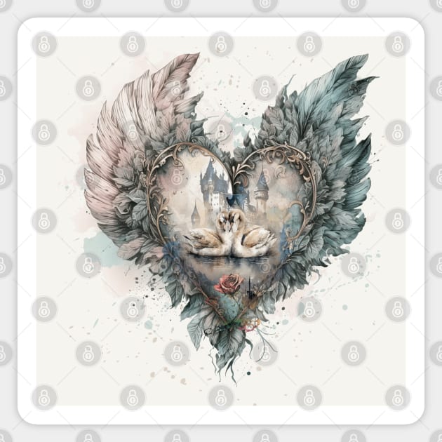 Fairytale Swans in Feathered Heart Sticker by HolidayBug